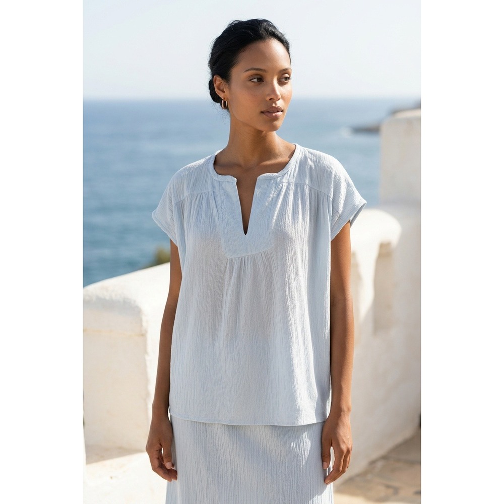 LOFT Women Light Blue Textured Crepe Split Neck Short Sleeve Top Lg Boho Peasant